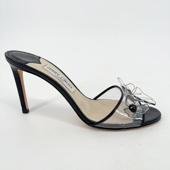 Jimmy Choo Black Saskia 85 Embellished Floral PVC Slip-On Sandal Heels IT 39.5 - Picture 2 of 11